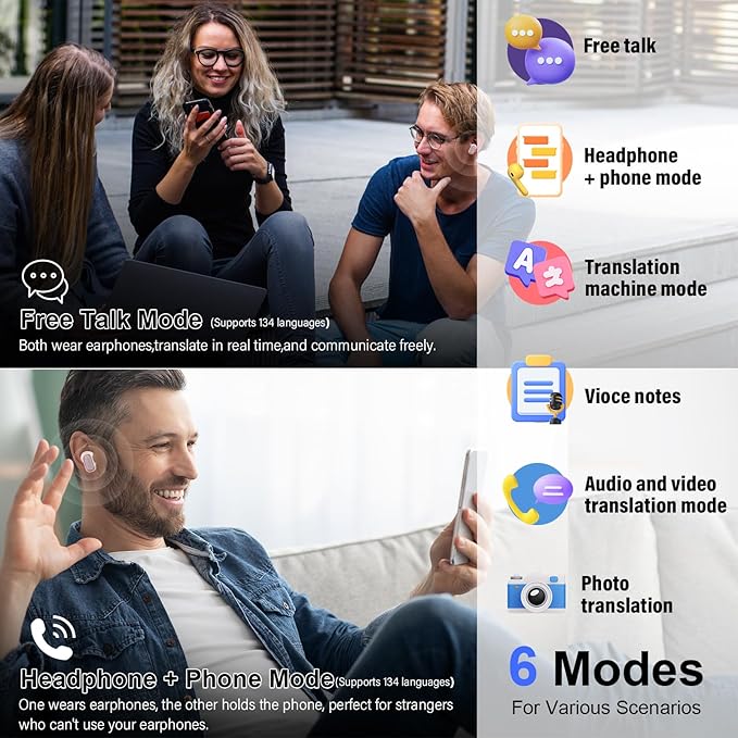 AI Language Translator Earbuds Real Time, 164 Language/6 Translation Modes Translator Earbuds 3-in-1 Translation Headphones, Bluetooth 5.4 Translation Device for Travel Business, Navy Blue