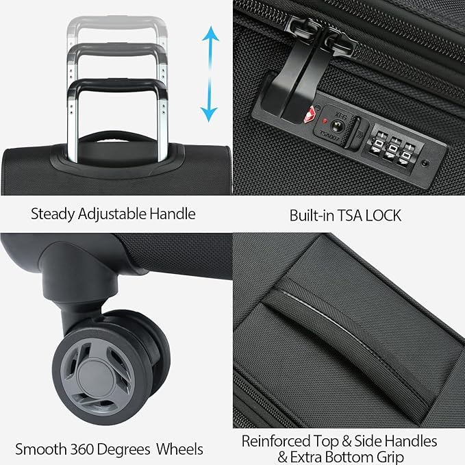 KROSER Softside Expandable Carry On Luggage with Spinner Wheels & Built-in TSA Lock, Durable Suitcase Rolling Luggage with USB Port, Carry-On 20-Inch, Black