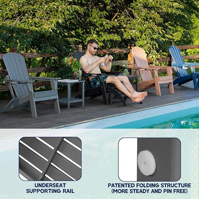 Folding Adirondack Chair - Extended Ergonomic Backrest, Cup Holder - Easy Assembly - Durable HDPE Plastic, Weather Resistant & Maintenance-Free - Lawn, Patio, Deck Supports 400lbs Teak