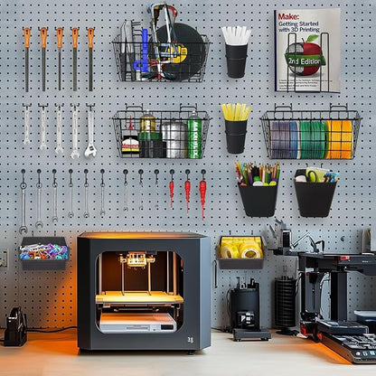 Pegboard Basket Organizers, Peg Board Large Baskets Hooks Bins Cups Tool Organizer 42 Pack Set, Wall Storage Display Hanging Accessories for Craft Office Stadio Shed Garage Organization (Black)