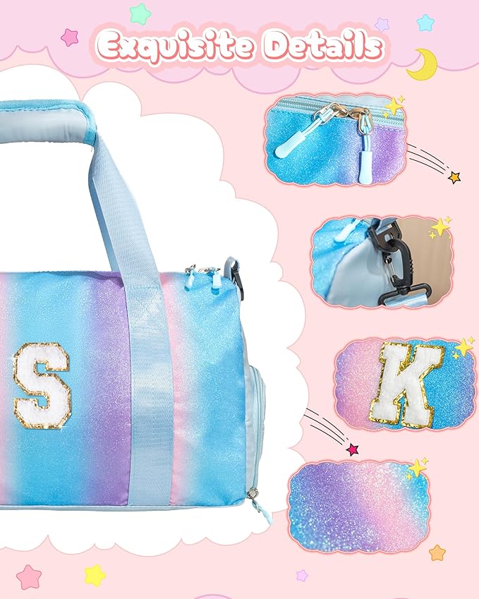 Birthday Gifts for 3 4 5 6 7 8 9 10 11 12 Year Old Girls-Girl Gym Bag with Shoe Compartment, Kid Personalized Weekender Overnight Bags, Initial Travel Tote with Makeup Pouch (Letter B)