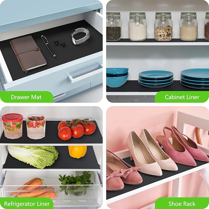 Black Shelf Liners for Kitchen Cabinets Non Adhesive Drawer Liner for Bathroom Waterproof Refrigerator Liners for Shelves Fridge Plastic Mats Cabinet Cupboard Liner 17.5 x 393.7 Inches