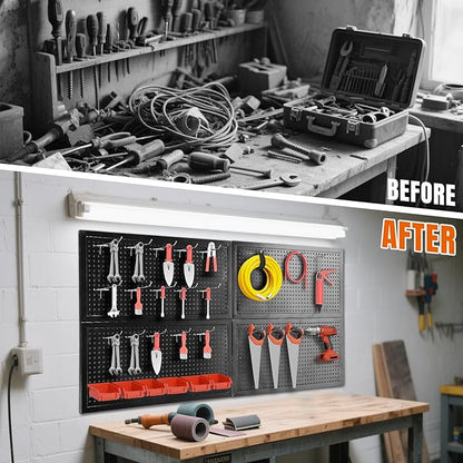 48x24 Inch Metal Pegboard Wall Organizer, Black Pegboard Panels Tool Organizer Kit with Accessories Hooks and Bins, Peg Board Utility Tool Storage for Garage Workbench Shed