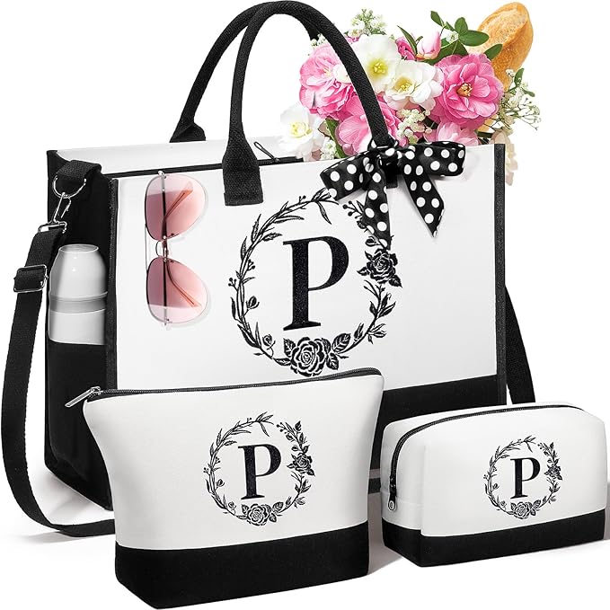 Personalized Christmas Gifts for Women, Initial Canvas Tote Bag & Makeup Bag Monogrammed Beach Tote Bags for Women w/Zipper, Birthday Gifts for Mom Her Sister Friend Girlfriend Wife Daughter Teacher