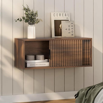 Large Floating TV Stands Set of 2, Modern Fluted Nightstands Wall Mounted Bedside Table Storage Cabinet with Sliding Doors for Living Room, Bedroom, Brown