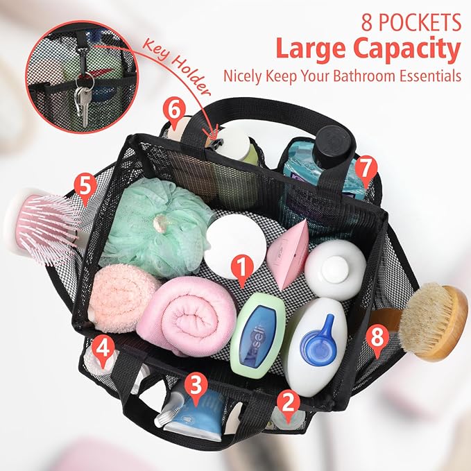 F-color Mesh Shower Caddy Portable, Upgrade Deeper 7 Pockets Shower Bag Basket Tote for College Dorm Room Bathroom Essentials Gym Camp Quick Dry 2 handles with S Hook, 2 Pack Black