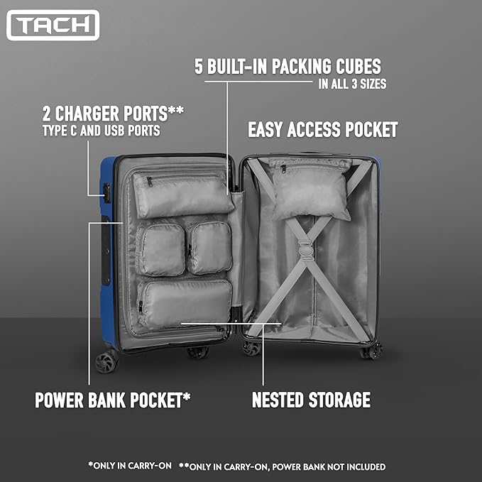 Tach V3.1 Hard Shell Carry On Luggage 20 inch | Carry on Luggage with Spinner Wheels & Patented Built-In Connecting System | One Piece Rolling Suitcase Links 9 Bags At Once (Midn Blue)