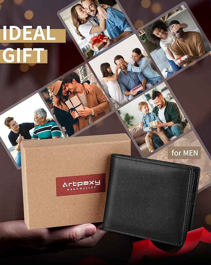 Mens Wallet Genuine Leather Bifold RFID Blocking Wallet for Men with 1 ID Window 13 Card Holders 2 cash pockets 1 Gift Box