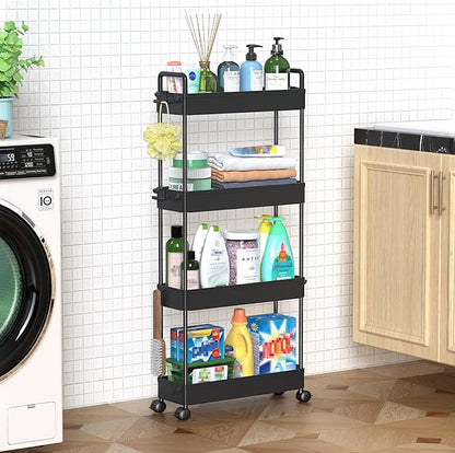 SOLEJAZZ Slim Rolling Storage Cart with Wheels 4 Tier Skinny Bathroom Storage Organizer Narrow Shelf Unit Thin Laundry Room Utility Cart for Bedside Kitchen Office Next to Fridge Small Places, Black