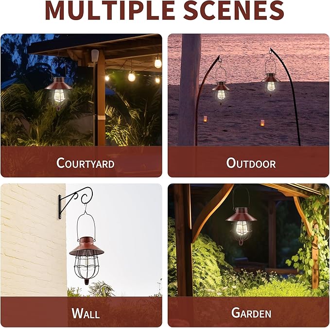 2 Pack Solar Lanterns Outdoor Waterproof Hanging Solar Lights with Vintage Metal Warm White Light Edison Bulb Design, Decorate for Garden Yard Porch and Christmas (Red)