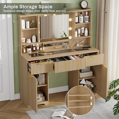 ONME Makeup Vanity Desk with Lights, Natural Wood Fluted Vanity with Tempered Glass Top, Adjustable Shelves, Drawers & Power Outlet, Modern Dressing Table Perfect for Small Bedroom or Apartment