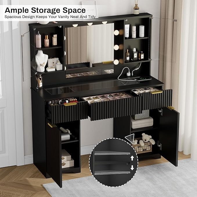 ONME 47.2" Fluted Vanity Desk with Mirror and Lights, Big Vanity with 5 Large Drawers and Adjustable Shelves, Makeup Vanity Table with Glass Top and Charging Station for Women and Girls Bedroom