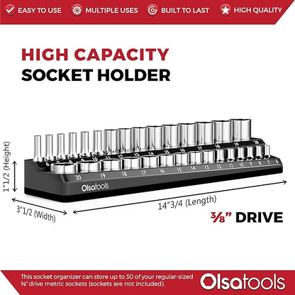 Olsa Tools Magnetic Socket Holder | 3/8-inch Drive | Metric | Black | Holds 30 Sockets | Professional Quality Tools Organizer