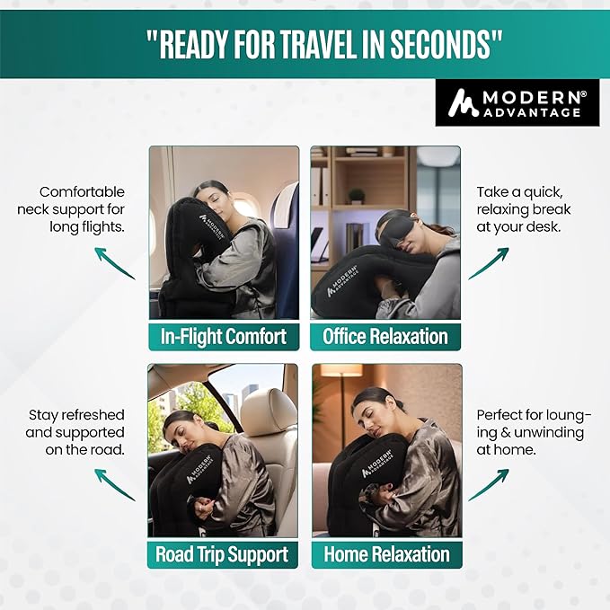Modern Advantage Inflatable Travel Pillow for Airplanes with Adjustable Extra Bottom, Support Head & Chin to Avoid Neck & Shoulder Pain, for Travelling, Office Napping with Eye Mask & Earplug