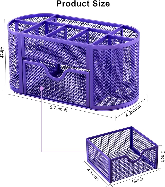EasyPAG Mesh Pen Holder Desk Organizer with Drawer Stationery Supplies Organizer for Dorm School 9 Compartments Workspace Desk Accessories Organization for Office, Purple
