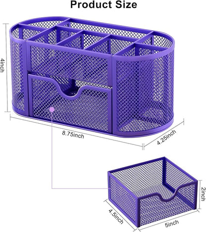 EasyPAG Mesh Pen Holder Desk Organizer with Drawer Stationery Supplies Organizer for Dorm School 9 Compartments Workspace Desk Accessories Organization for Office, Purple