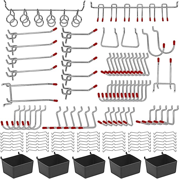 114 pcs Pegboard Hooks Assortment with Metal Hooks Sets, Pegboard Bins, Peg Locks for Organizing Storage System Tools