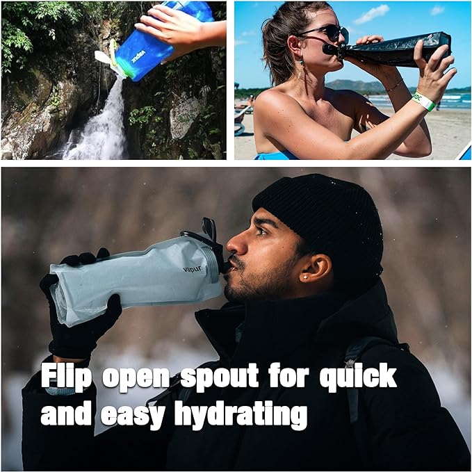 Vapur Collapsible Water Bottle With Carabiner, Compact Bottle Folds Flat For Hydration On The Go, Ideal for Traveling, Hiking or Camping, 34 Ounce, Water, Pack of 2