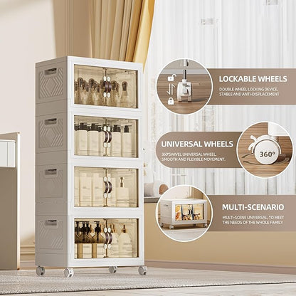 144 QT / 36 Gal Magnetic Double Door Cabinet with Wheels - Foldable Stackable Design, Leather Handles, Water Resistant Organizer for Bathroom, Kitchen