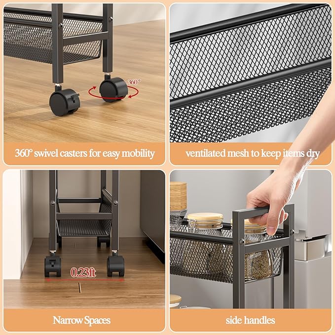 Slim Storage Rolling Cart, 4 Tier Narrow Cart with Wheels, Metal Kitchen Carts for Small Spaces, Slide Out Storage Shelves Mobile Shelving Unit for Kitchen, Laundry Room, Bathroom, Living Room, 6in(W)
