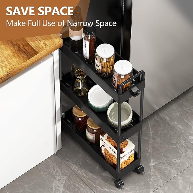 SOLEJAZZ Slim Rolling Storage Cart with Wheels 3 Tier Skinny Bathroom Storage Organizer Thin Laundry Room Utility Cart Space-Saving for Bedside Kitchen Office Small Narrow Places, Black
