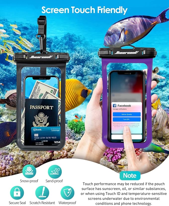 Hiearcool Universal Waterproof Phone Pouch Compatible for iPhone 16 15 14 13 Pro Max Plus Up to 8.3", IPX8 Beach Travel Essentials-Black&Purple-2Pack
