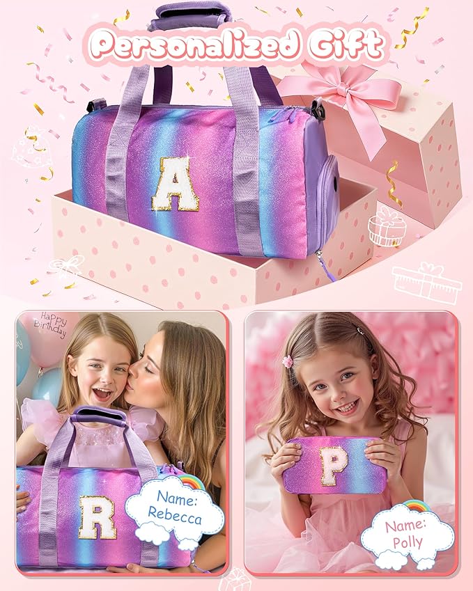 Granddaughter Gift from Grandmom-Girl Gym Bag with Shoe Compartment, Kid Personalized Weekender Ballet Bags, Initial Travel Tote with Makeup Pouch, Easter Gifts for Teen (Letter C)
