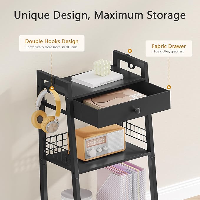 3-Tier Bathroom Ladder Shelf with Drawer, Freestanding Tower Shelf Ladder Bookshelf for Living Room, Bedroom -Black