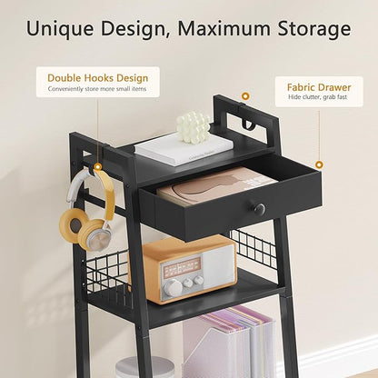 3-Tier Bathroom Ladder Shelf with Drawer, Freestanding Tower Shelf Ladder Bookshelf for Living Room, Bedroom -Black