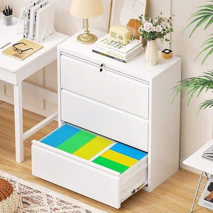 Bonusall 3 Drawer Lateral File Cabinet with Lock, Locking Metal lateral Filing Cabinet for Office Steel lateral File Cabinet, Large Horizontal File Cabinet Locked by Keys-White
