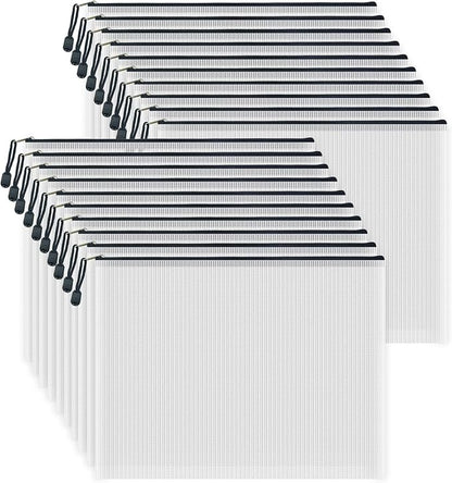 AUSTARK 20 Pcs Zipper File Bags, Plastic Mesh Pouch, Board Game Storage, Waterproof Bags for Office School (B4 Size 15''x11'', White and Black)