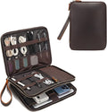 LANNSYNE Full Grain Leather Travel Cable Accessories Bag, Electronic Organizer Carry Case Double Layer Storage Case for Cables, Charger, Phone, Power Bank
