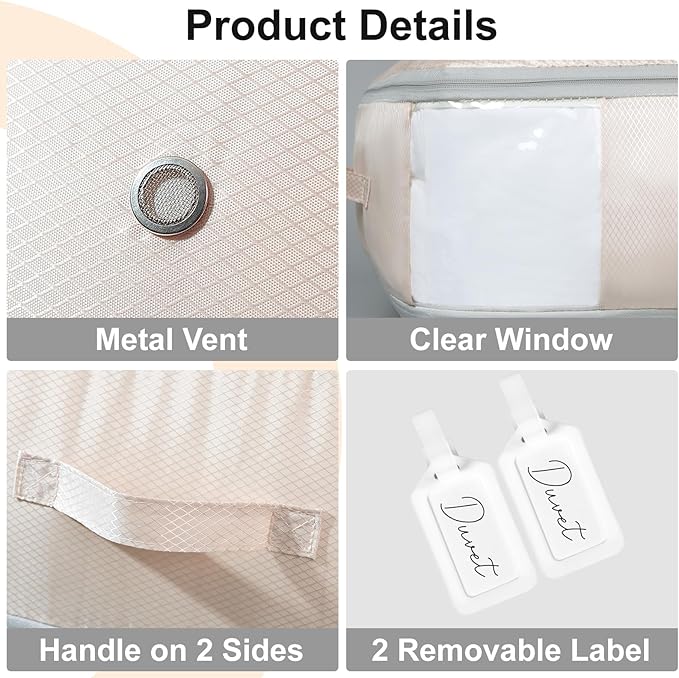 Comforter Storage Bag - Large Capacity Blanket Storage Bags 3-Layer Ultra Space Saving Self Compression Organizer, Washable Compression Bags for Storage Comforter Blanket, 2-Pack, Beige