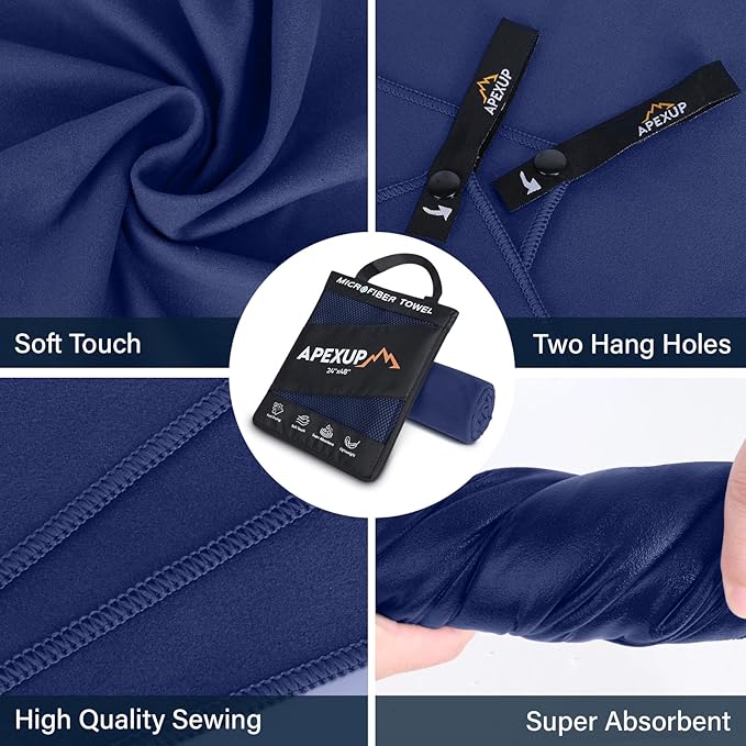APEXUP Microfiber Travel Towel, Ultra Absorbent Quick Dry Towels, Lightweight Gym Sports Camping Towel for Workout, Yoga, Beach, Shower, Swimming (24"×12", Navy Blue)