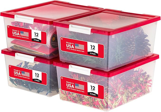 IRIS USA 12 Qt. Plastic Storage Bins Containers with Lids, 4 Pack, Sensory Bin, Craft Storage, Craft Organizers and Storage, Organizing Container for Home, Office School Supplies, Stackable, Clear/Red