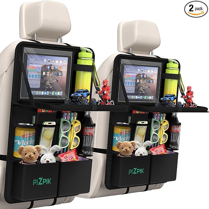 Car Backseat Organizer with Tablet Holder,11 Storage Pockets with Foldable Food Tray, Protector Kick Mats for Kids, Travel Accessories Organizer (Black, 1Pack)