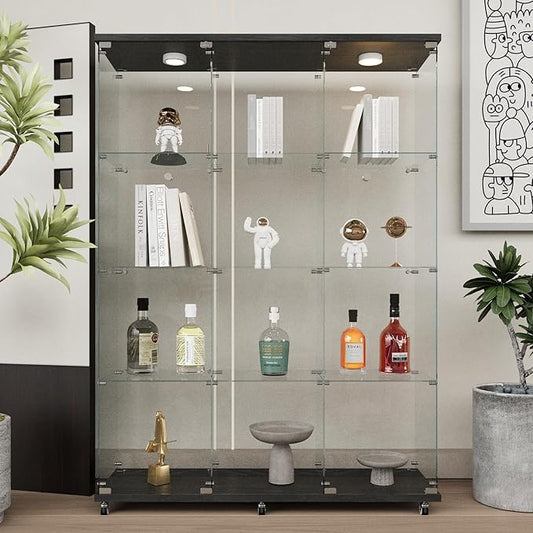 Beauty4U Glass Display Cabinet with LED Lights, Extra Large 3 Columns 2 Doors Curio Cabinets with 12 Shelves for Living Room, Bedroom, Office, Black Floor Standing DIY Glass Bookshelf