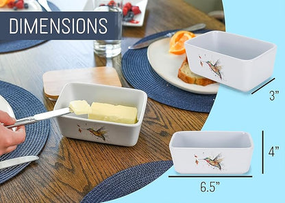 Nat & Jules Dean Crouser Ceramic Stoneware 1/2 Pound 2 Sticks Butter Dish Airtight Bamboo Lid Kitchen Accessory, Container Holder, Refrigerator Storage, Countertop Organization, Watercolor Hummingbird