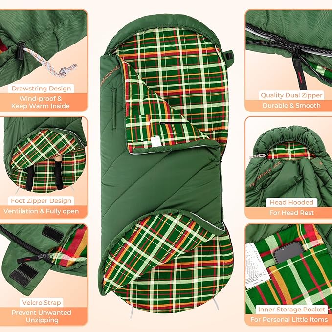 KingCamp Sleeping Bag for Adults, Cold Weather & Warm Extra Wide Big & Tall XL Portable Waterproof Flannel Sleeping Bags, Essentials Gear Accessories for Camping Backpacking Hiking Indoor & Outdoor