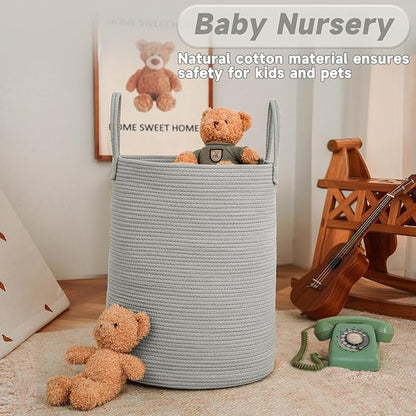 Large Woven Laundry Basket Hamper,60L Cotton Rope Storage Bin for Blankets,Toys and Clothes,Decorative Tall Nursery Hamper for Living Room,Baby Nursery,Bathroom and Bedroom,Grey