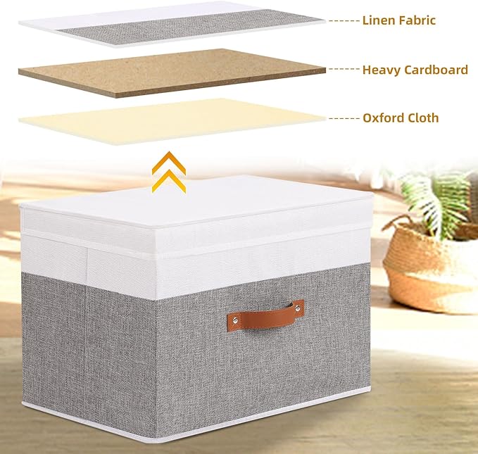 Fabric Storage Boxes with Lids, Linen Foldable Cloth Baskets, 17.7 x 11.8 x 11.8 Inch Closet Organizer Containers with Double Handles, Sweater Bins for Bedroom, White and Grey, 3 Pack