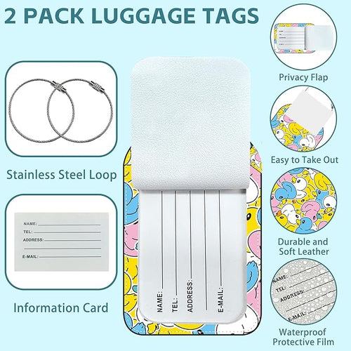 2 Pack Cute Luggage Tag for Suitcases Rubber Duck Leather Luggage Tags with Stainless Steel Loop Privacy Flap Name Tags,Men and Women Travel Bag Suitcase Tags