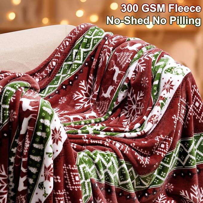 PHF Printed Fleece Blanket Queen Size, No Shed No Pilling Ultra Soft Plush Cozy Xmas Prints Theme Home Décor Flannel Blanket for Bed, Sofa, Couch and Gift, 90" x 90", Retro Christmas