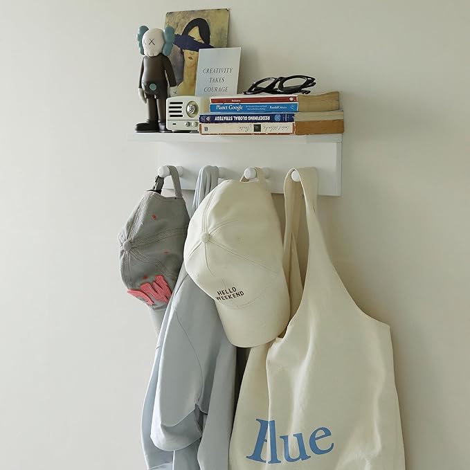 Entrance Coat Rack ，Coat Hooks, Wall-Mounted Wooden Hook Rack, Wall-Mounted Shelves are Very Suitable (White Finish-1)