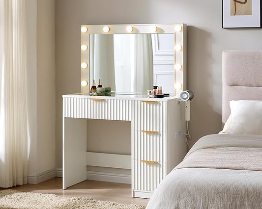 AMERLIFE 36.2" Fluted Vanity Desk with Large Mirror and Adjustable LED Lights, 4 Drawers Makeup Table with Glass Top and Charging Station for Women and Girls, Bedroom or Dorm, White