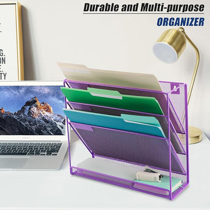 EASEPRES Desk File Organizer Mesh 4-Tier, Hanging Wall Mount Document Organization Stand, Desktop Vertical Mail Paper Folder Holder Rack with Bottom Tray for Office Home Cubicle Countertop, Purple