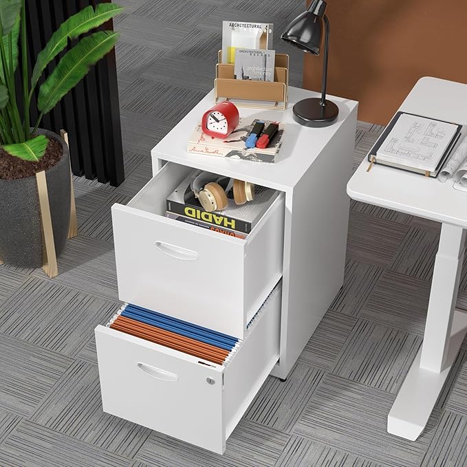 2 Drawer File Cabinet with Lock, Metal Two Drawer Vertical Filing Cabinets, 18" Deep White Filing Cabinet for Home Office, Steel Light Duty Storage for Letter-Size Files - Assemly Required