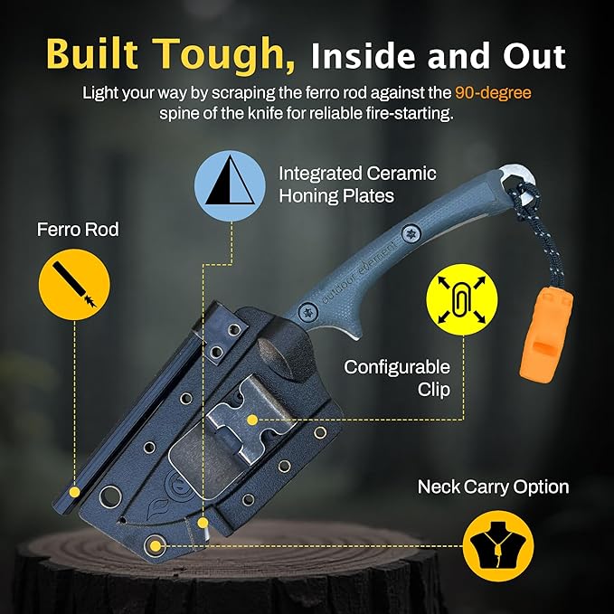 Scout Feather - Fixed Blade Survival Knife with built-in Firestarter for Camping, Hunting, Outdoor Adventure and Culinary Needs - VG10 Blade, Whistle, Knife Sharpener, Compact Sheath & G10 Handle
