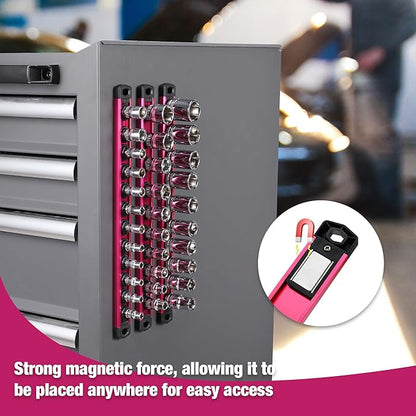 WORKPRO Magnetic Socket Organizer, 1/4-Inch Drive Aluminum Alloy Socket Rail, Heavy Duty Socket Holder, Socket Rack Kit 1/4-Inch x 12 Clips Rose Red (Socket not Included)
