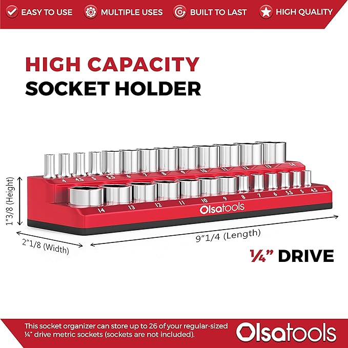 Olsa Tools Magnetic Socket Holder | 1/4-inch Drive | Metric | Red | Holds 26 Sockets | Professional Quality Tools Organizer